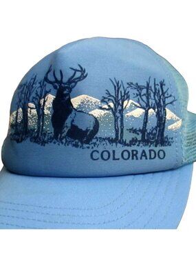 Vintage Trucker Hat Cap Colorado Mesh-Back Deer Print Mountain Design Light Blue